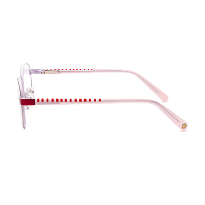 Side view of Conni CON11 28 kids eyeglasses featuring stylish pink and red design for comfort and durability.