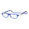 Clear reading glasses with blue frames and flexible arms, combining style and comfort for everyday use.