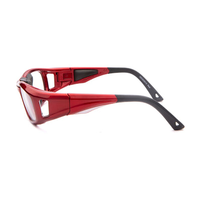 Side view of unisex red eyeglasses with black accents, showcasing durable design for kids' vision needs.