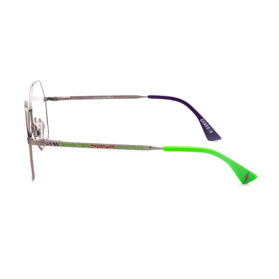 Side view of Genesis GV1550 4 women's eyeglasses showcasing vibrant green and purple temple design and modern frame.