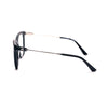 Women's Karl Lagerfeld KL 6108 1 eyeglasses, stylish rectangular frame, black with gold accents, side view.