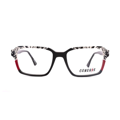 Unisex Genesis GV1557 3 eyeglasses featuring bold colors and modern design, showcasing a black and red frame.