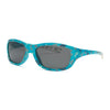 Stylish turquoise sunglasses with floral design and dark lenses, offering UV protection and modern elegance.