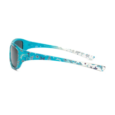 Side view of turquoise Marion Ramm 45560 B sunglasses with decorative floral design on the arms.