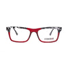 Unisex Genesis GV1558 3 eyeglasses featuring bold red frame and modern design with a stylish black pattern.