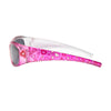 Pink sunglasses with heart patterns on the arms, offering a trendy and playful accessory for any outfit.