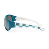 Side view of Marion Ramm 21/771 T sunglasses with a blue frame and playful graphic design on the arms.