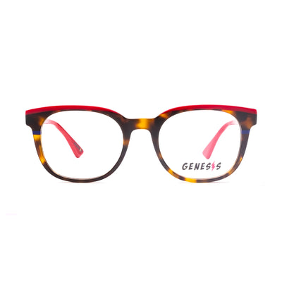 Unisex Genesis GV1575 2 eyeglasses featuring a bold tortoiseshell design with vibrant red accents.