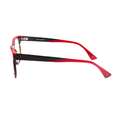 Side view of Genesis GV1575 2 unisex eyeglasses showcasing vibrant red and black design elements.