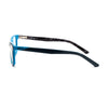 Side view of NIKE 5549 444 eyeglasses featuring a blue frame and black patterned temples, showcasing modern design and comfort.