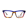 Unisex Genesis GV1577 3 eyeglasses featuring vibrant blue and red tortoiseshell frames, modern design for stylish eyewear collection.