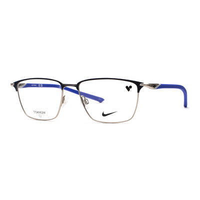 NIKE 6066 411 eyeglasses in black and blue, featuring a stylish titanium frame and lightweight design for all-day comfort.