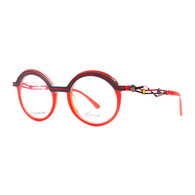 Stylish Kaos KK568 1 woman eyeglasses with bold red frames and unique design details.