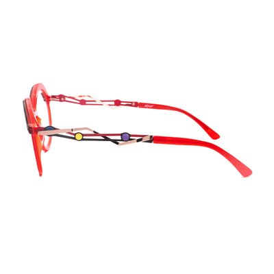 Side view of Kaos KK568 1 vibrant red woman eyeglasses featuring bold color accents and modern design.