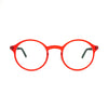 Red round eyeglasses with gray temples, showcasing a stylish and modern design. Perfect for trendy eyewear enthusiasts.