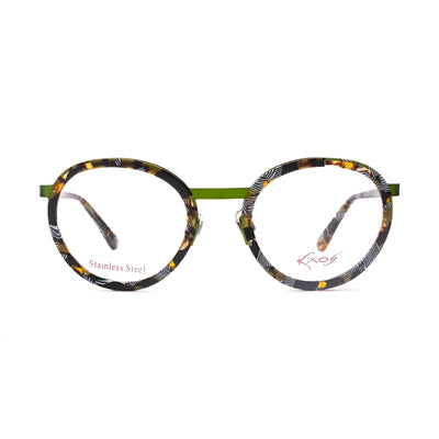 Unisex Kaos KK579 3 eyeglasses with vibrant tortoiseshell frame and stainless steel accents, showcasing modern design.