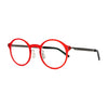 Stylish round red eyeglasses with black temples, perfect for a bold fashion statement.