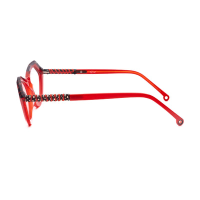 Profile view of Kaos KK591 3 woman eyeglasses in vibrant red with bold design and stylish frames.