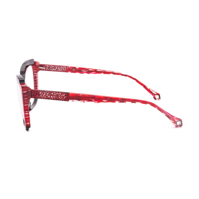 Side view of Kaos KK606 3 red and black women's eyeglasses showcasing modern design and vibrant color.