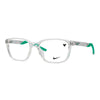 Stylish NIKE 7278 903 men's eyeglasses with transparent frame and green accents, combining comfort and elegance.