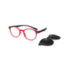 Red reading glasses with detachable black lenses showcasing stylish and versatile eyewear.