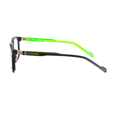 Kids eyewear featuring Star Wars Mandalorian design with stylish black front and bright green temples. Perfect for young fans!