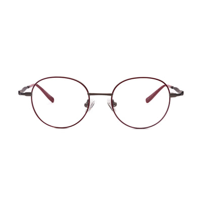 Kids eyeglasses Vulkani VI334 477 with stylish round design and durable burgundy and black frames.