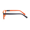 Side view of S.Oliver S93416 433 kids eyeglasses with vibrant orange and navy blue frame design.