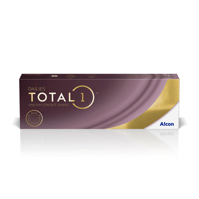 DAILIES TOTAL 1 one-day contact lenses box by Alcon, featuring premium comfort and high water content.