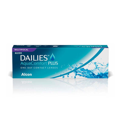 DAILIES AquaComfort Plus Multifocal contact lenses box by Alcon, designed for seamless vision and all-day comfort.