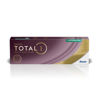 DAILIES TOTAL 1 for ASTIGMATISM box packaging by Alcon, featuring one day contact lenses for enhanced vision comfort.