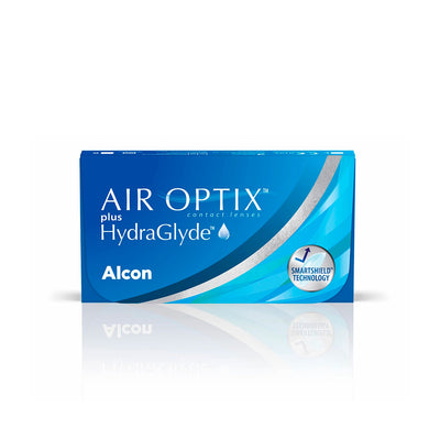 AIR OPTIX PLUS HYDRAGLYDE contact lenses packaging by Alcon with SmartShield technology for enhanced comfort.