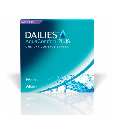 DAILIES AquaComfort Plus Multifocal one-day contact lenses packaging by Alcon, featuring 90 lenses for seamless vision.