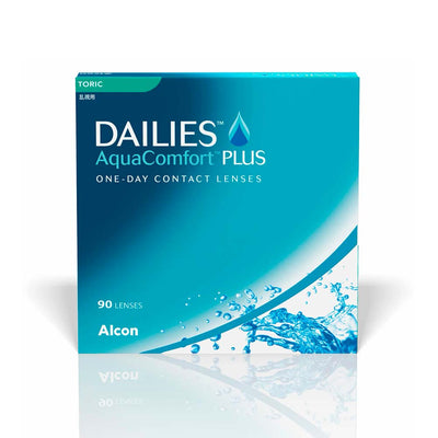 DAILIES AquaComfort Plus Toric contact lenses box featuring 90 one-day lenses by Alcon.