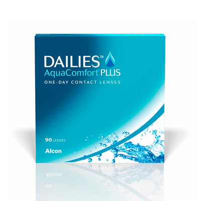 DAILIES AquaComfort Plus one-day contact lenses by Alcon, 90 lenses packaging with water splash design.