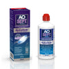 AOSEPT PLUS HydraGlyde contact lens solution bottle and box, featuring HydraGlyde Moisture Matrix for superior lens care.