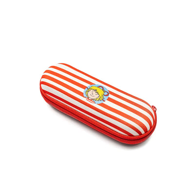 Red and white striped eyeglasses case featuring a cute cartoon character, ideal for kids' eyewear storage.