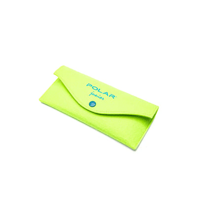 Bright green Polar eyeglasses case with flap closure and logo, perfect for protecting children’s eyewear.