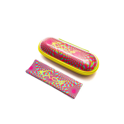 Colorful Kaos eyewear case and lens cloth featuring vibrant designs in pink, green, and yellow.