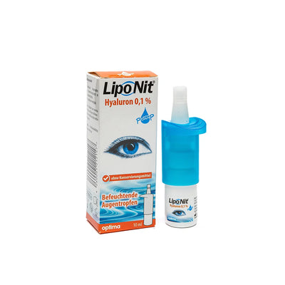 LIPONIT HIALURON 10ML eye drops in a package for dry eye relief, featuring a pump dispenser and moisturizing gel.