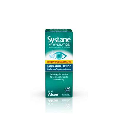 Systane Hydration PF 10ml eye drops packaging, preservative-free formula for dry eye relief with HydroBoost technology.