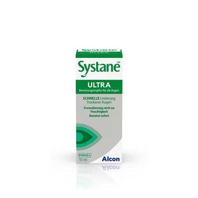 Systane Ultra eye drops packaging for dry eye relief, featuring a dual-action formula for instant comfort.