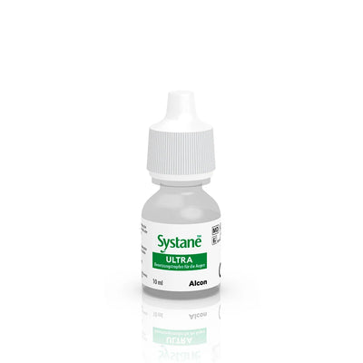 Systane Ultra eye drops bottle for dry eye relief, featuring a dual-action formula for lasting comfort.