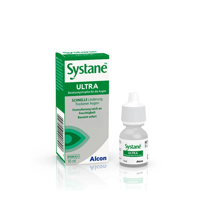 Systane Ultra eye drops in a 10ml bottle with packaging for dry eye relief by Alcon.