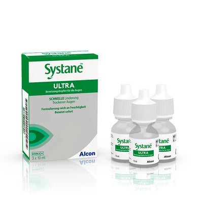 Systane Ultra eye drops package with three 10ml bottles, designed for dry eye relief and comfort.