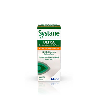 Systane Ultra PF 10 ml preservative-free eye drops for dry eye relief and comfort, packaged in a sleek box.