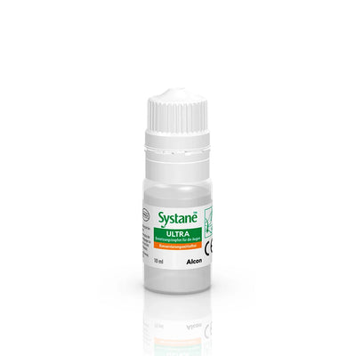 Systane Ultra PF 10 ml bottle for preservative-free dry eye relief, designed for sensitive eyes and fast-acting comfort.