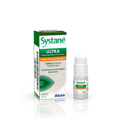 Systane Ultra PF 10 ml preservative-free eye drops for dry eye relief with packaging and bottle on display.