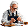 Elderly artisan carefully repairing glasses at a workbench with tools and instruments.